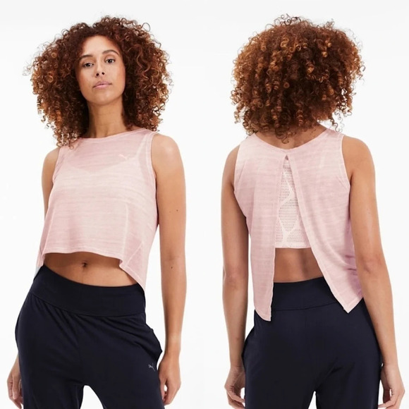 Puma Tank Top Cropped Lace Slit Open Back Mesh Burnout Rosewater Pink Size XS - Picture 1 of 12